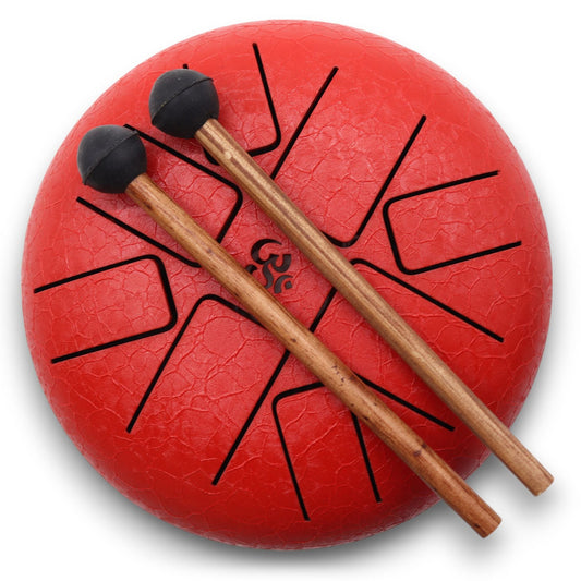 Alt Tag: Metal Steel Tongue Drum – Red Om 22x16 CM, tambor de lengüetas de metal rojo con símbolo Om y dos baquetas
