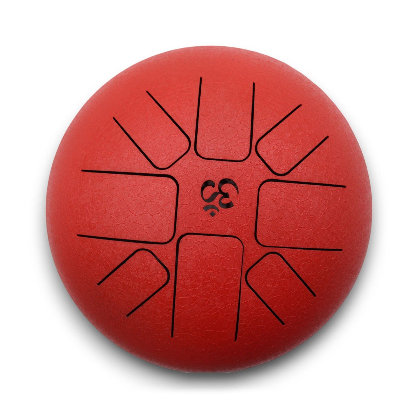 Alt Tag: Metal Steel Tongue Drum – Red Om 22x16 CM, red metal tongue drum with Om symbol and black cutout tongues, top view