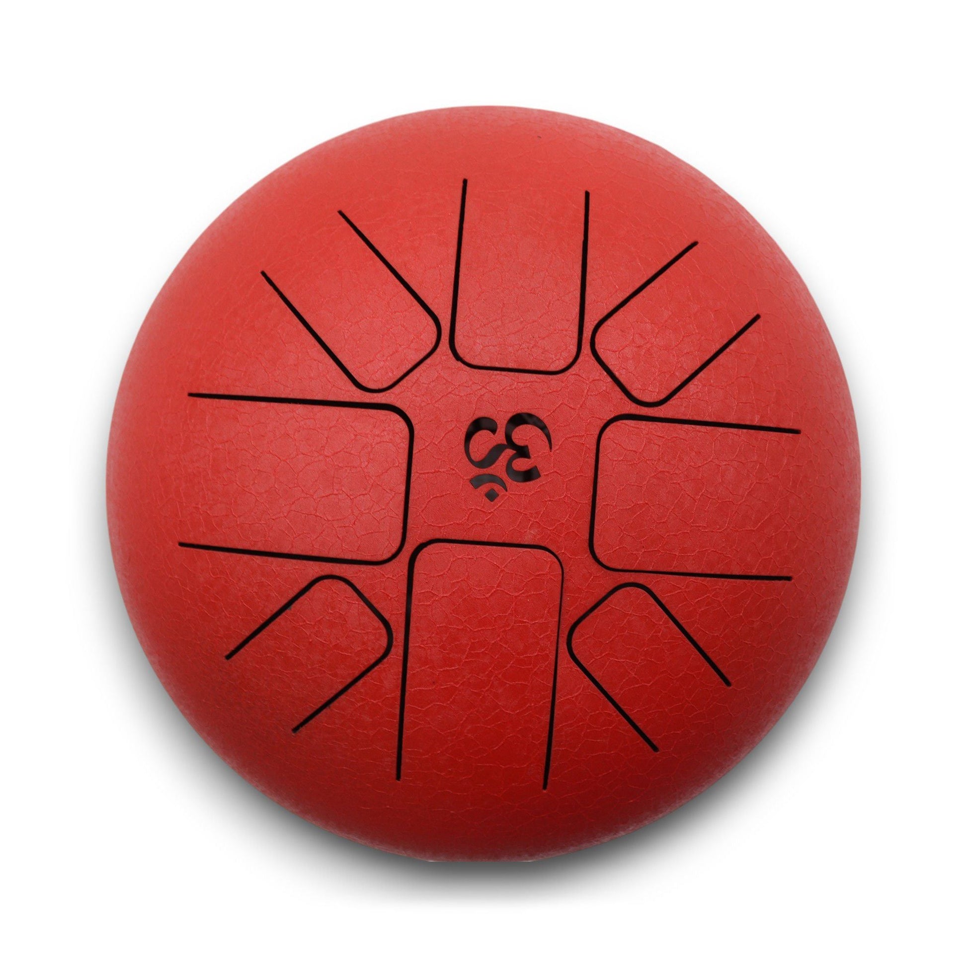Alt Tag: Metal Steel Tongue Drum – Red Om 22x16 CM, red metal tongue drum with Om symbol and black cutout tongues, top view