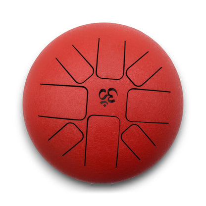 Alt Tag: Metal Steel Tongue Drum – Red Om 22x16 CM, red metal tongue drum with Om symbol and black cutout tongues, top view