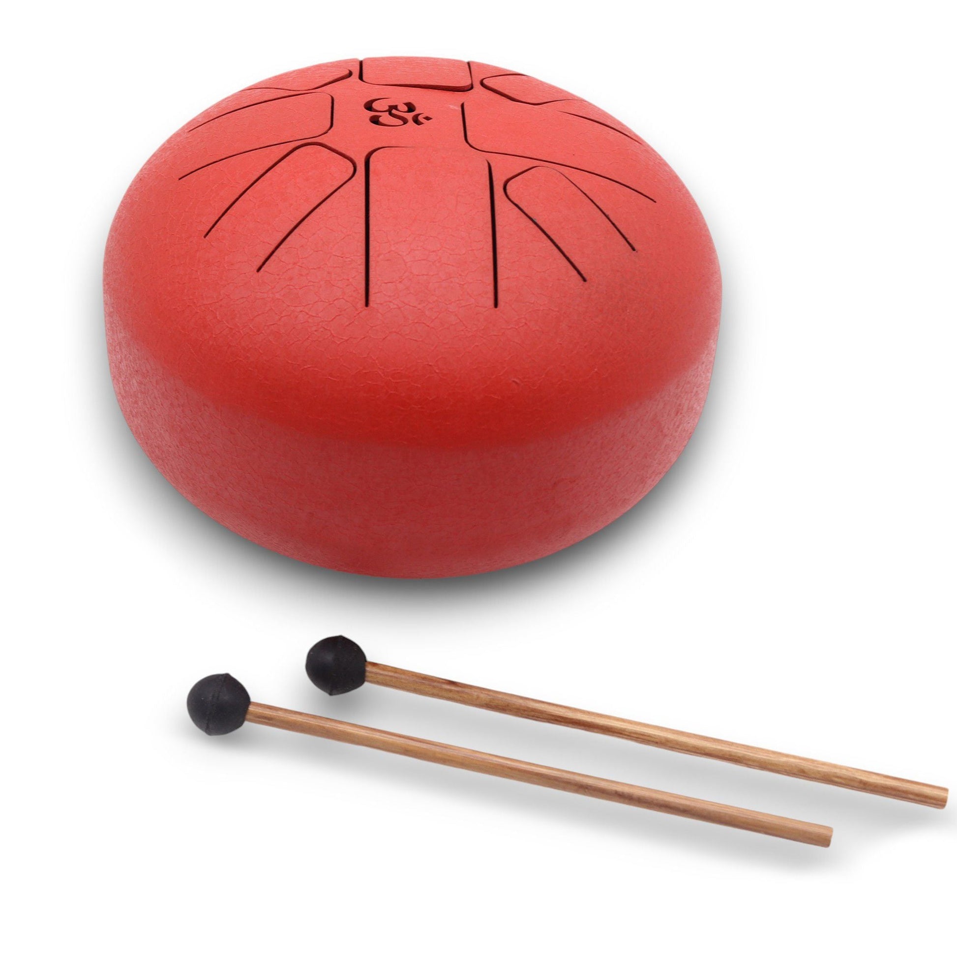 Metal Steel Tongue Drum – Red Om 22x16 CM red steel tongue drum with Om symbol and two mallets, top view