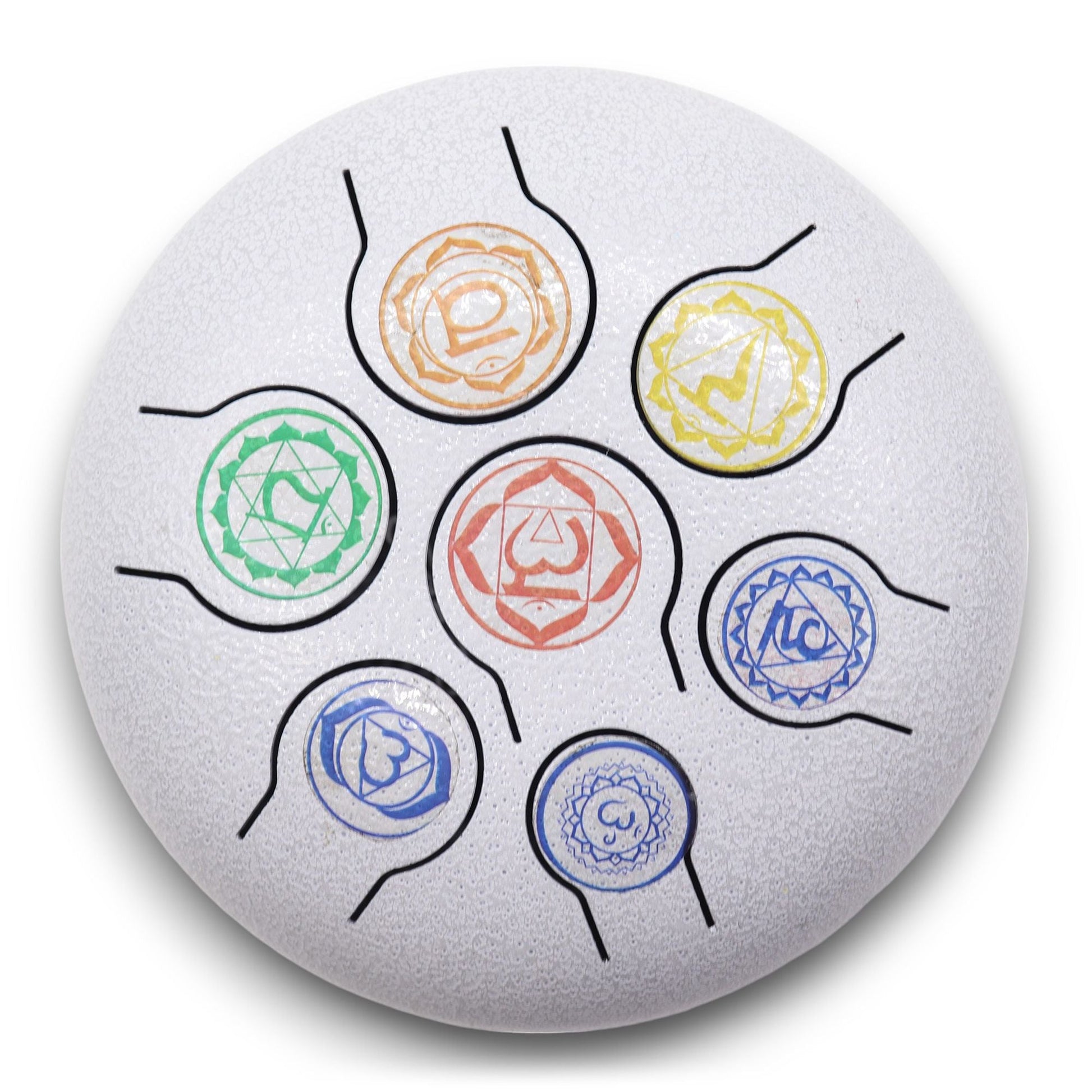 Alt Tag: Metal Steel Tongue Happy Drum – 17x13 CM, tambor de lengüeta de metal con diseño 7 chakras en superficie gris