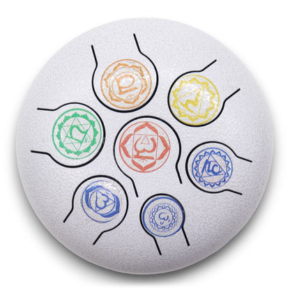 Alt Tag: Metal Steel Tongue Happy Drum – 17x13 CM, tambor de lengüeta de metal con diseño 7 chakras en superficie gris