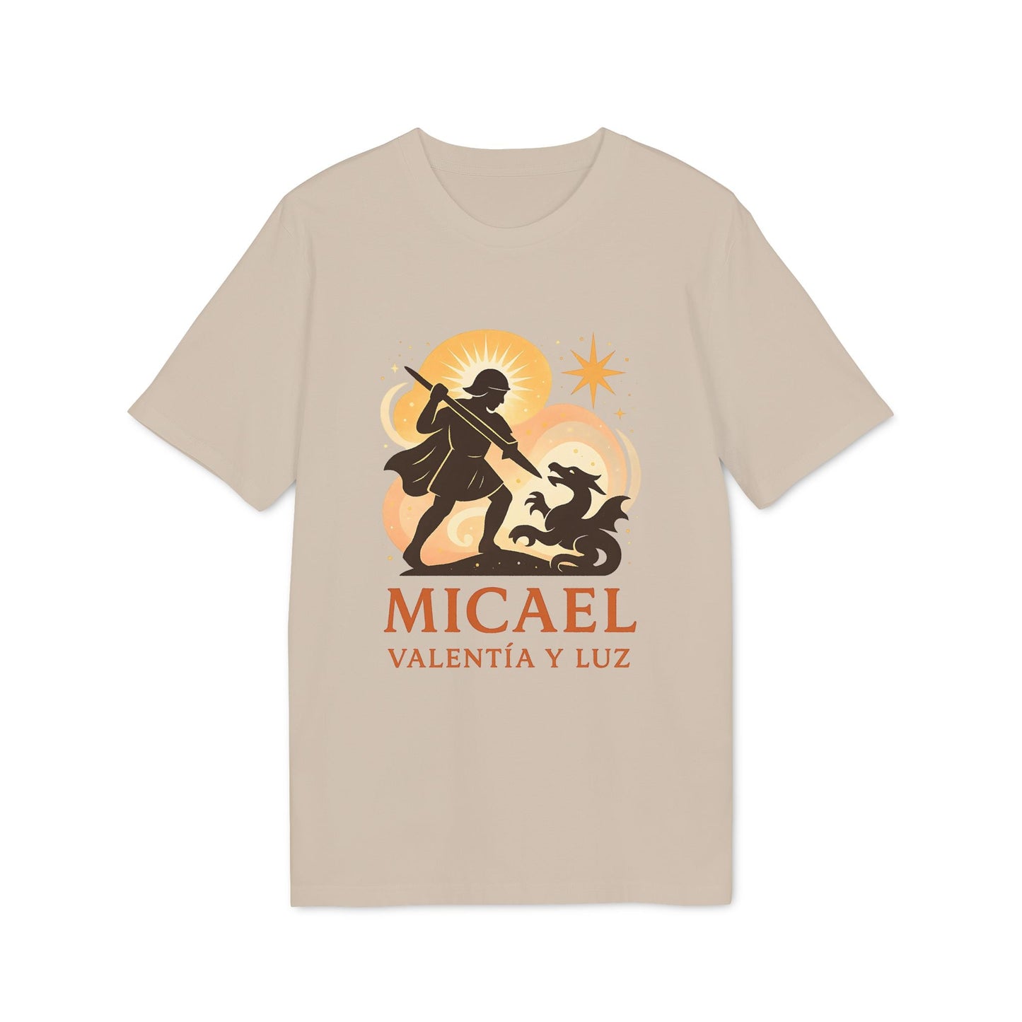 Micael Valentia Luz Organica 100% Organic Cotton T-Shirt beige graphic tee with Micael Valentia y Luz illustration and logo