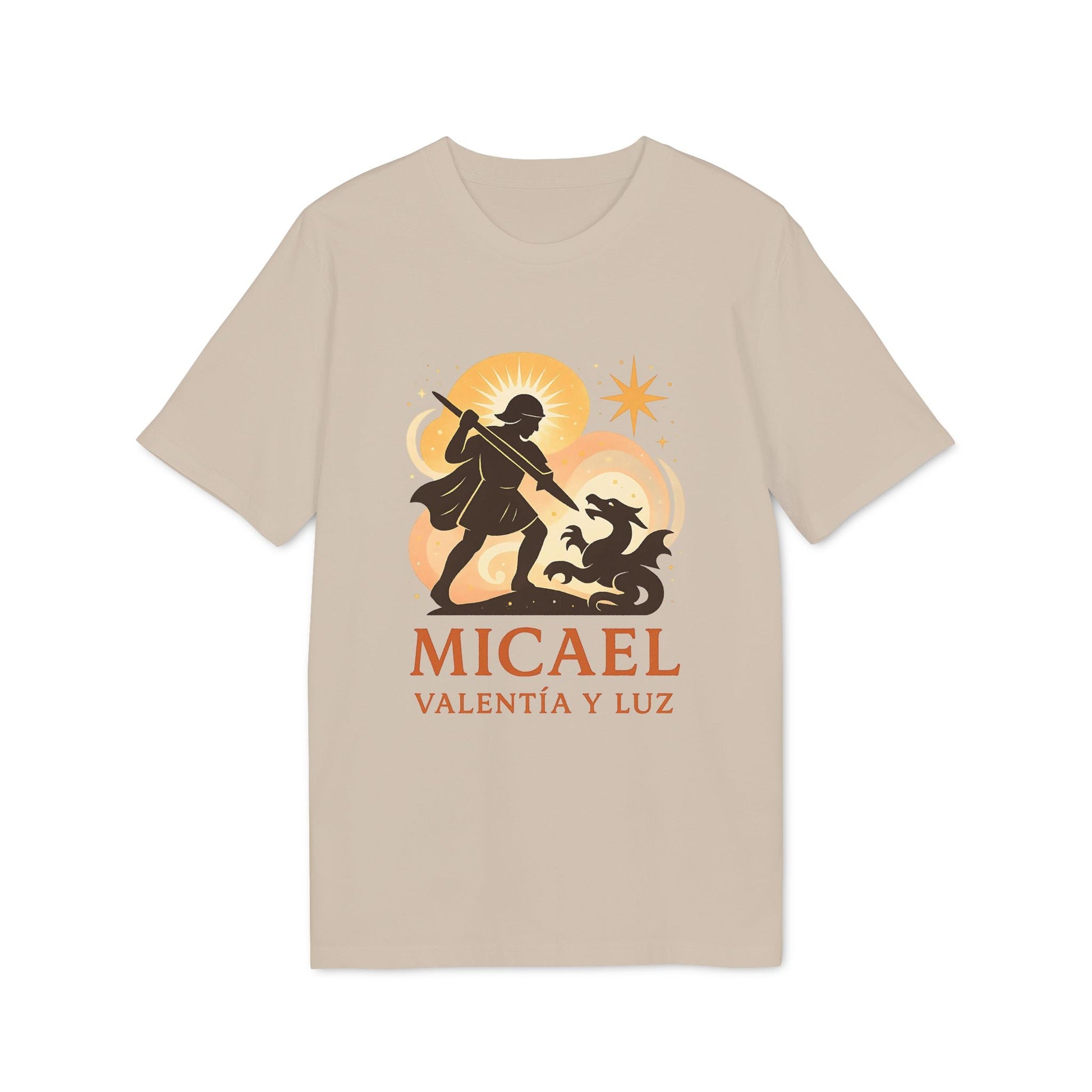 Micael Valentia Luz Organica 100% Organic Cotton T-Shirt beige graphic tee with Micael Valentia y Luz illustration and logo