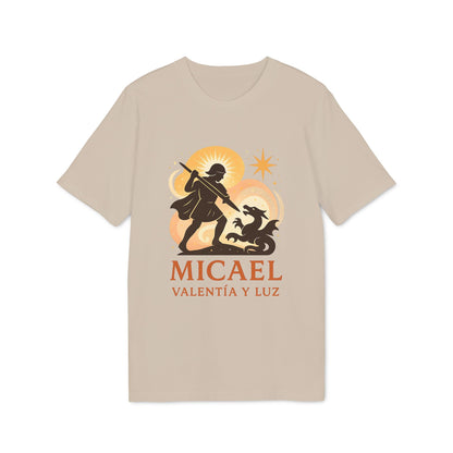 Micael Valentia Luz Organica 100% Organic Cotton T-Shirt beige graphic tee with Micael Valentia y Luz illustration and logo
