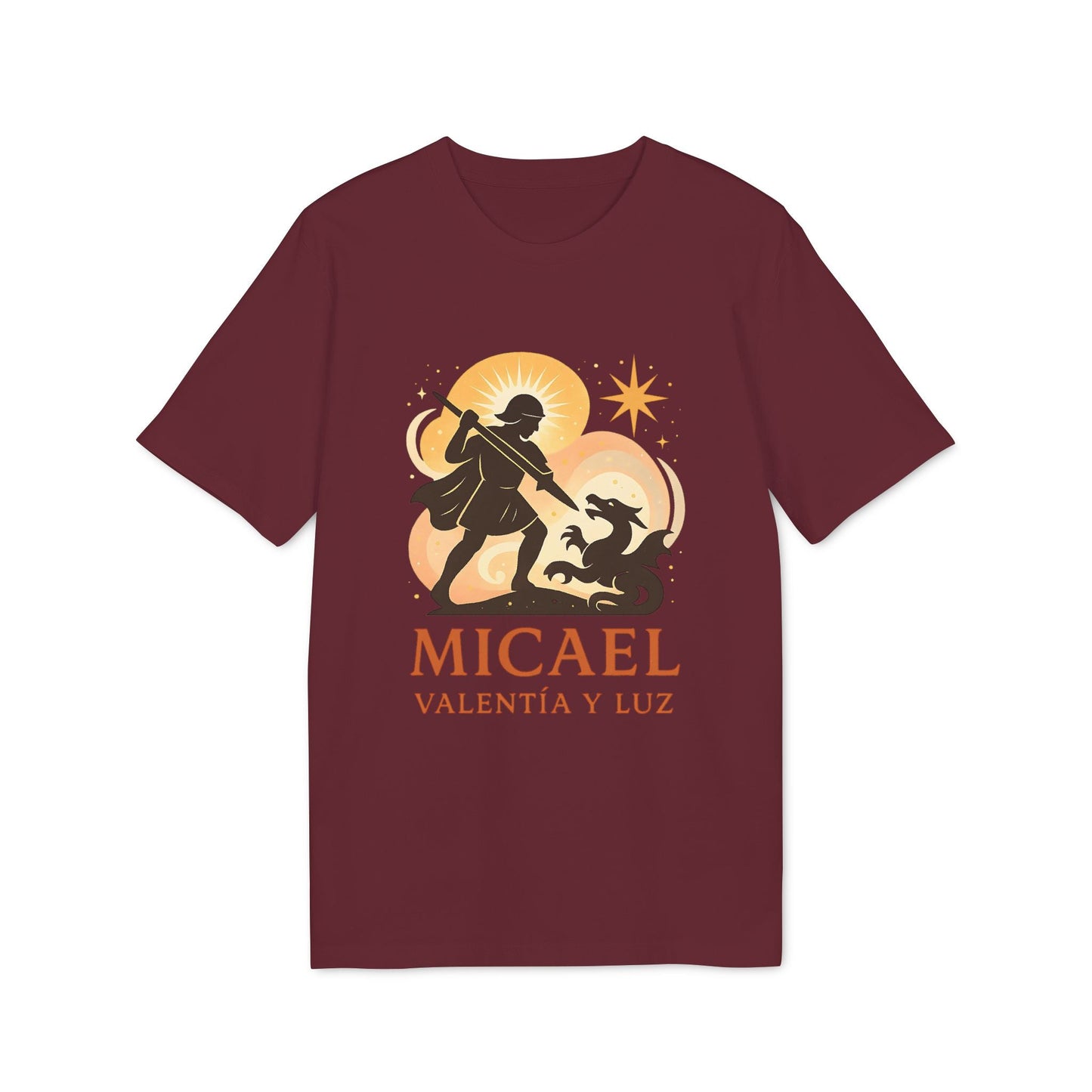 Alt Tag: Micael Valentia Luz Organica 100% Organic Cotton T-Shirt burgundy graphic tee with celestial illustration and "Micael Valentia y Luz" text