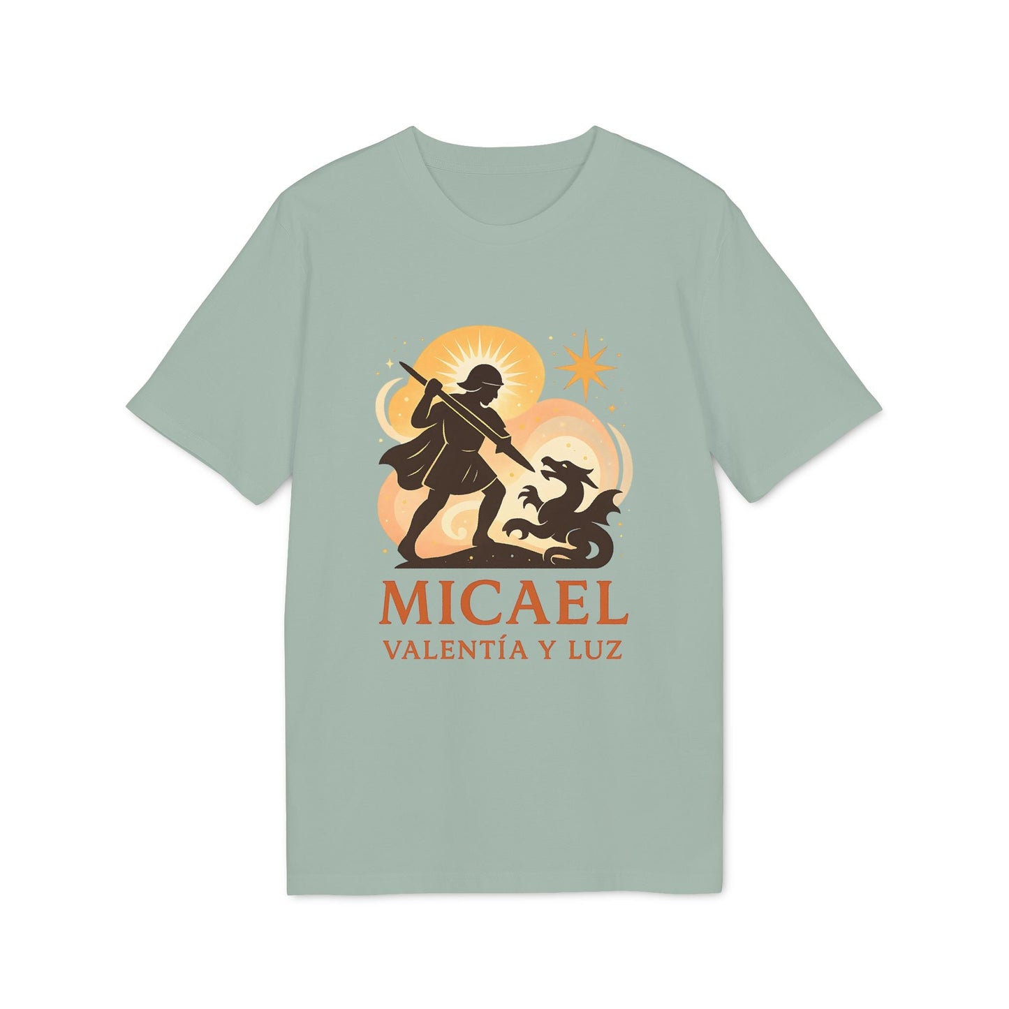 Alt Tag: Micael Valentia Luz Organica 100% Organic Cotton T-Shirt en verde salvia, cuello redondo, gráfico “Micael Valentia y Luz”