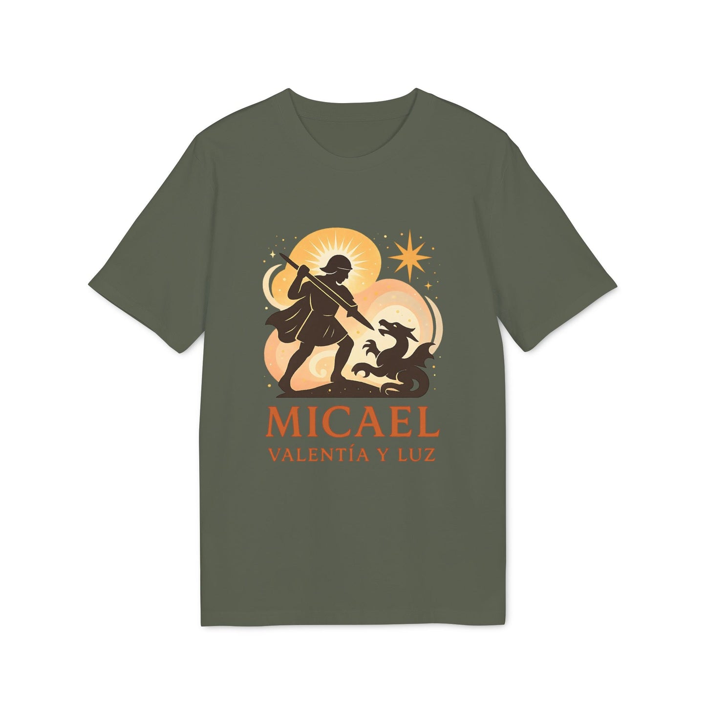 Alt Tag: Micael Valentia Luz Organica 100% Organic Cotton T-Shirt verde oliva con ilustración y texto MICAEL VALENTIA Y LUZ