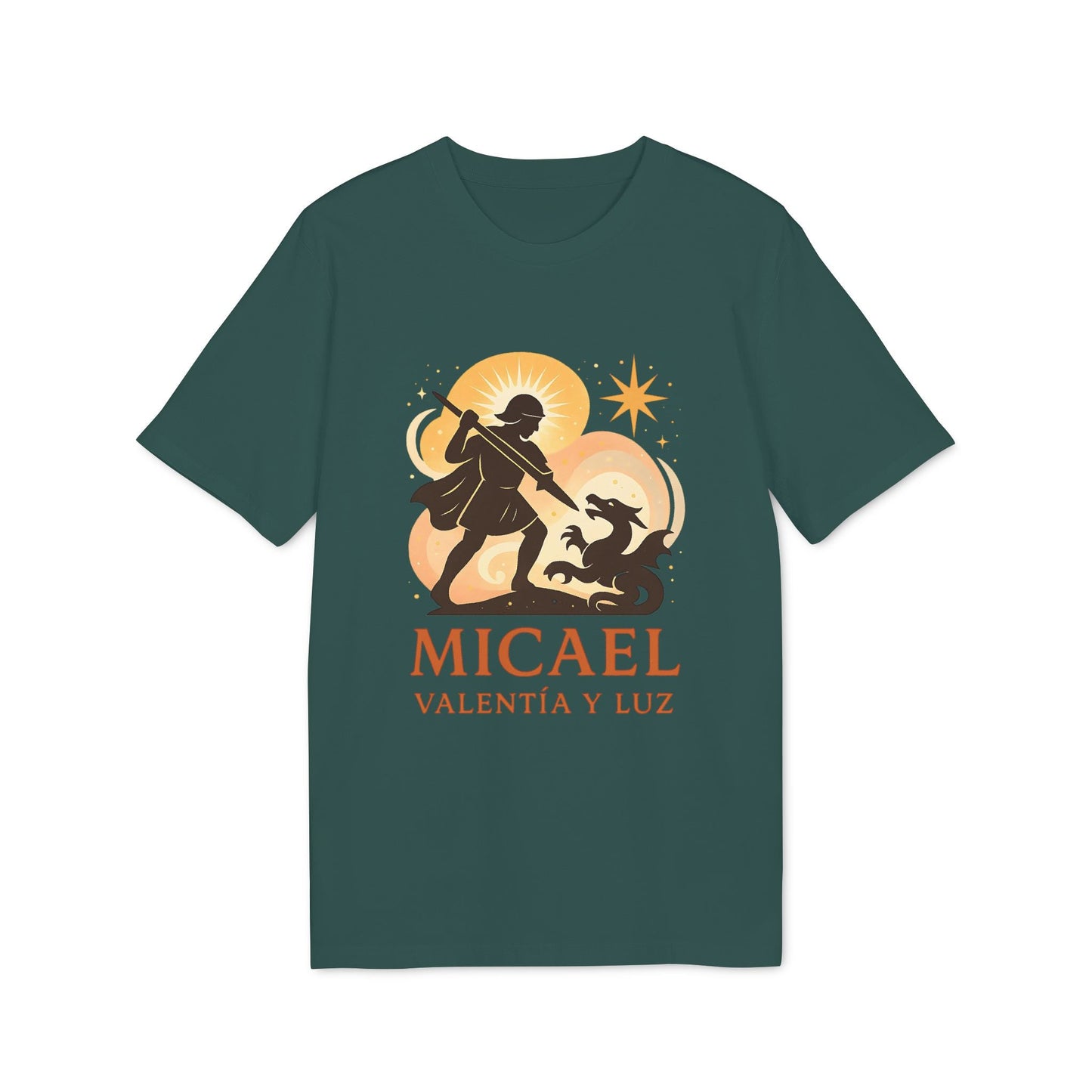 Micael Valentia Luz Organica 100% Organic Cotton T-Shirt in verde oscuro con gráfico celestial y texto “MICAEL VALENTIA Y LUZ”