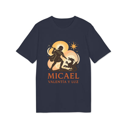 Alt Tag: Micael Valentia Luz Organica 100% Organic Cotton T-Shirt navy graphic tee with Micael Valentia y Luz moon and star artwork