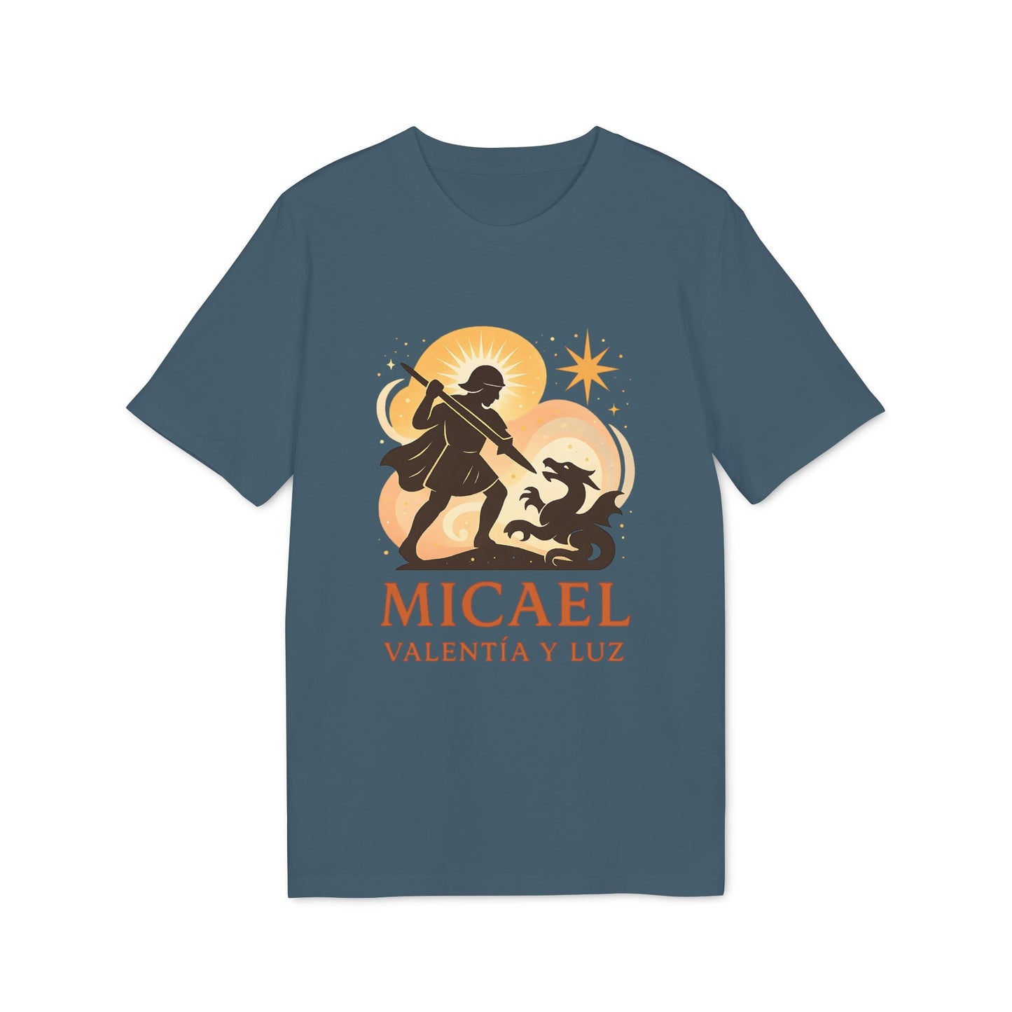 Micael Valentia Luz Organica 100% Organic Cotton T-Shirt azul con ilustración de guerrero y dragón y texto “Micael Valentia y Luz”