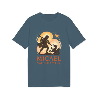 Micael Valentia Luz Organica 100% Organic Cotton T-Shirt azul con ilustración de guerrero y dragón y texto “Micael Valentia y Luz”