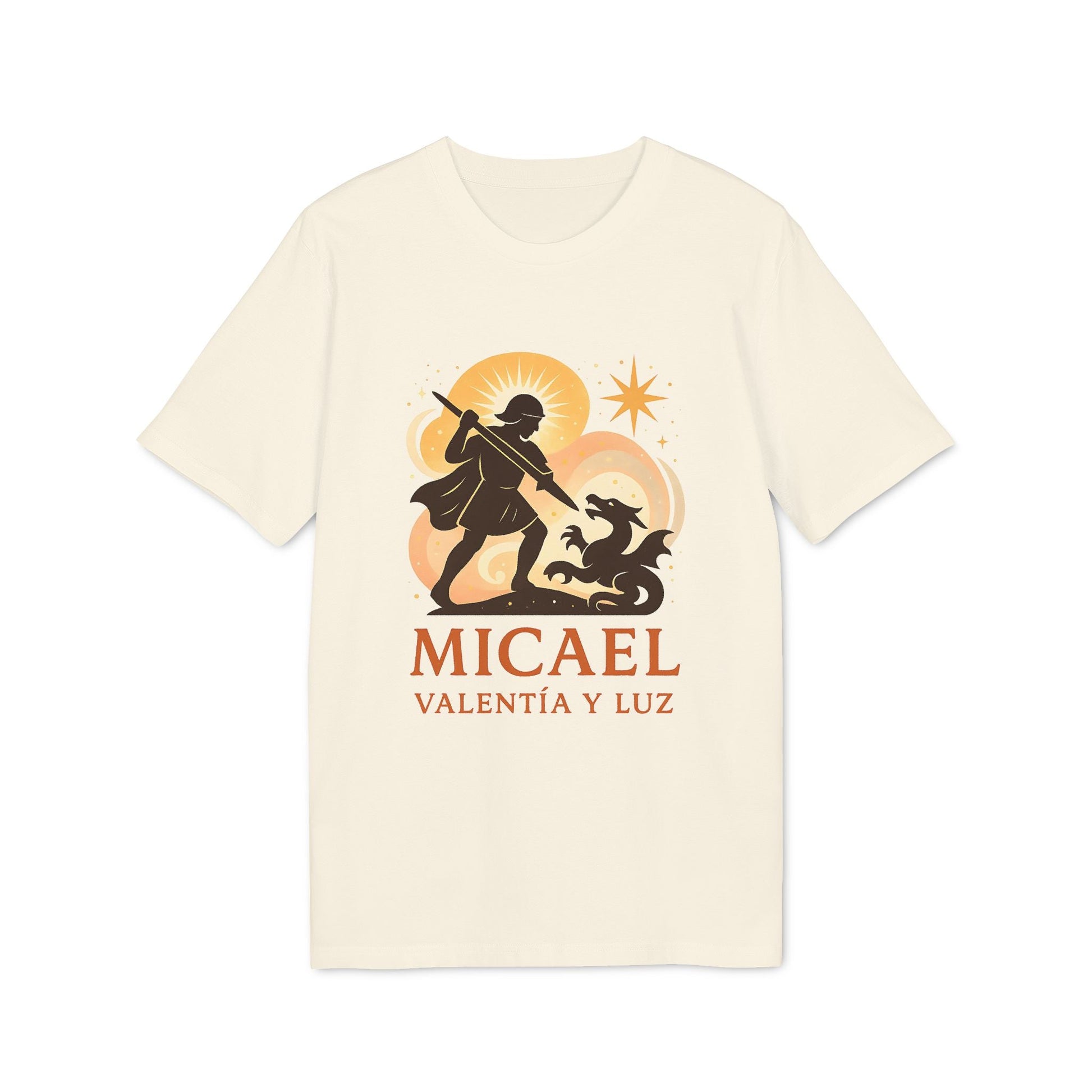 Alt Tag: Micael Valentia Luz Organica 100% Organic Cotton T-Shirt crema con estampado Micael, Valentía y Luz, guerrero y dragón