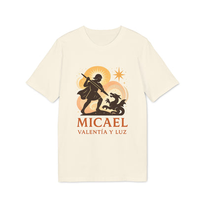 Alt Tag: Micael Valentia Luz Organica 100% Organic Cotton T-Shirt crema con estampado Micael, Valentía y Luz, guerrero y dragón