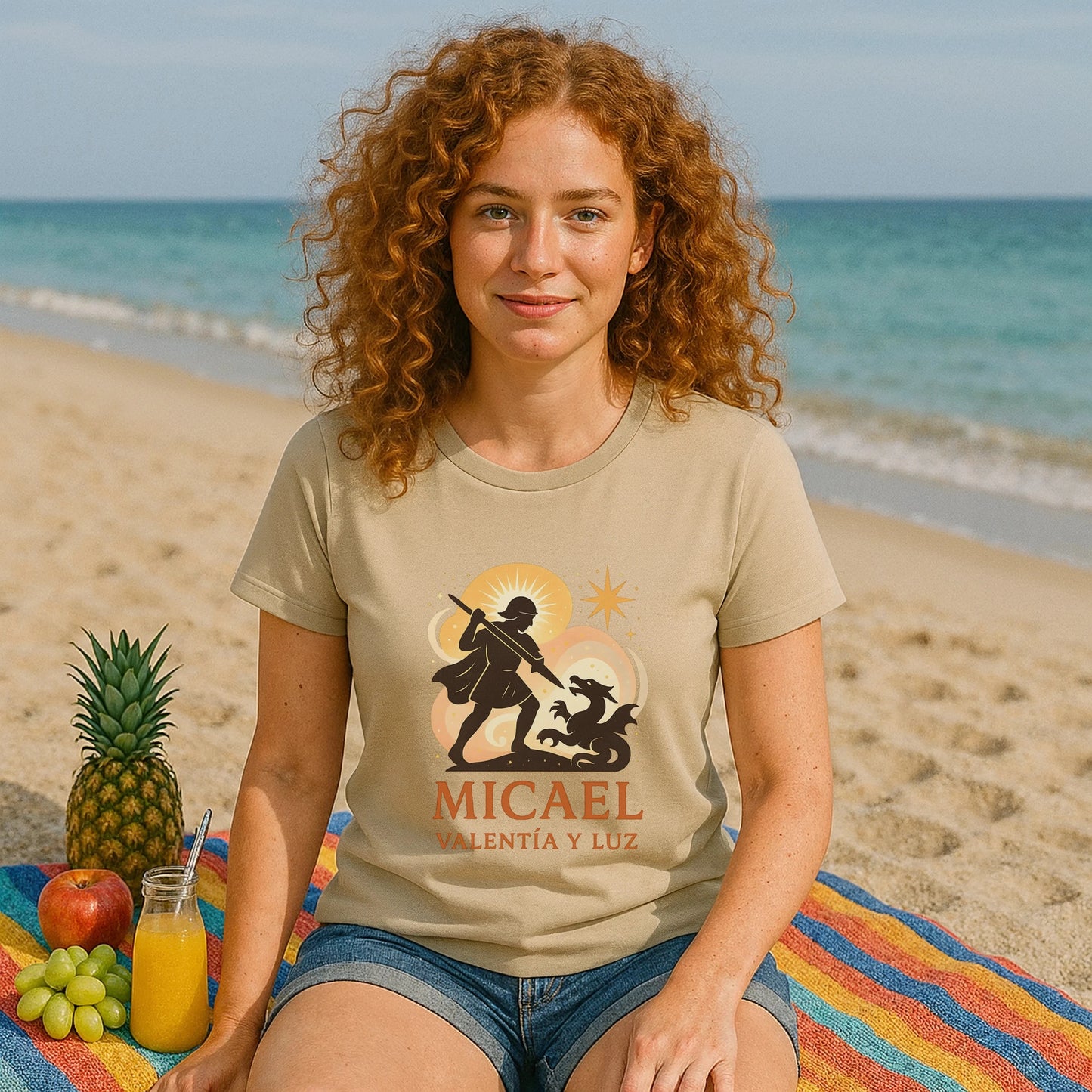 Alt Tag: Micael Valentia Luz Organica 100% Organic Cotton T-Shirt beige graphic tee worn on beach, front design visible