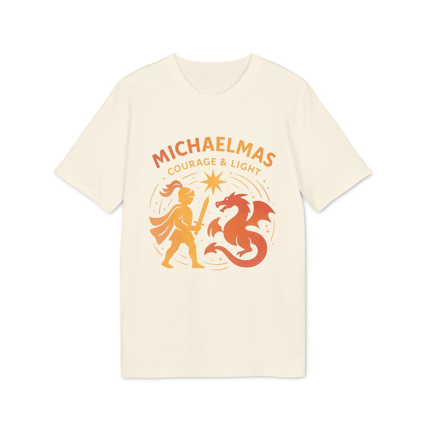 Alt Tag: Michaelmas Courage Ans Light 100% Organic Cotton T-Shirt with “Michaelmas Courage & Light” graphic, angel vs dragon on cream tee