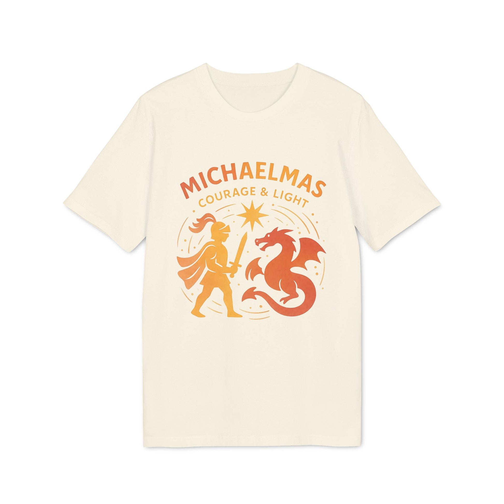 Alt Tag: Michaelmas Courage Ans Light 100% Organic Cotton T-Shirt with “Michaelmas Courage & Light” graphic, angel vs dragon on cream tee