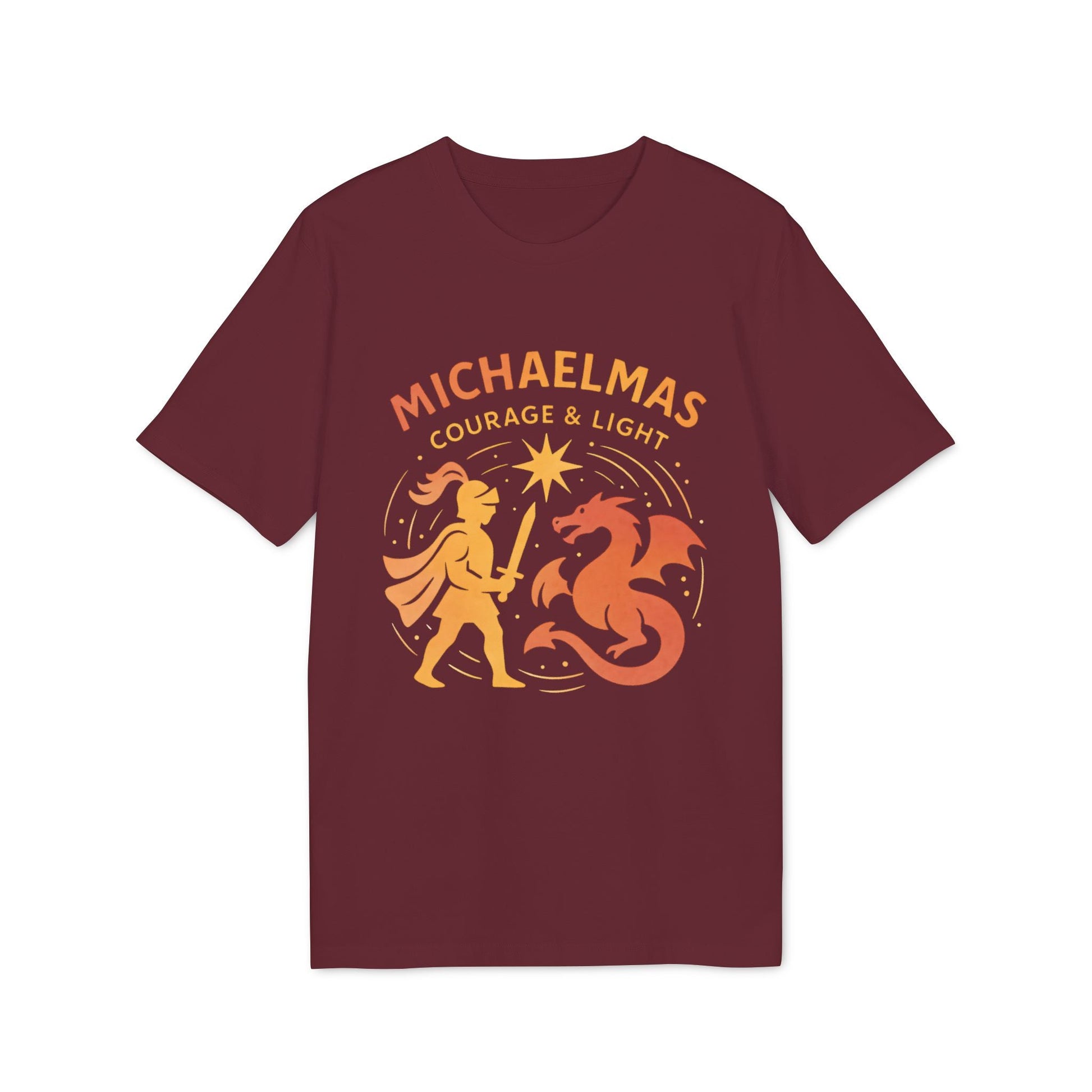 Alt Tag: Michaelmas Courage Ans Light 100% Organic Cotton T-Shirt, burdeos, con gráfico “Michaelmas Courage & Light” y ángel frente a dragón