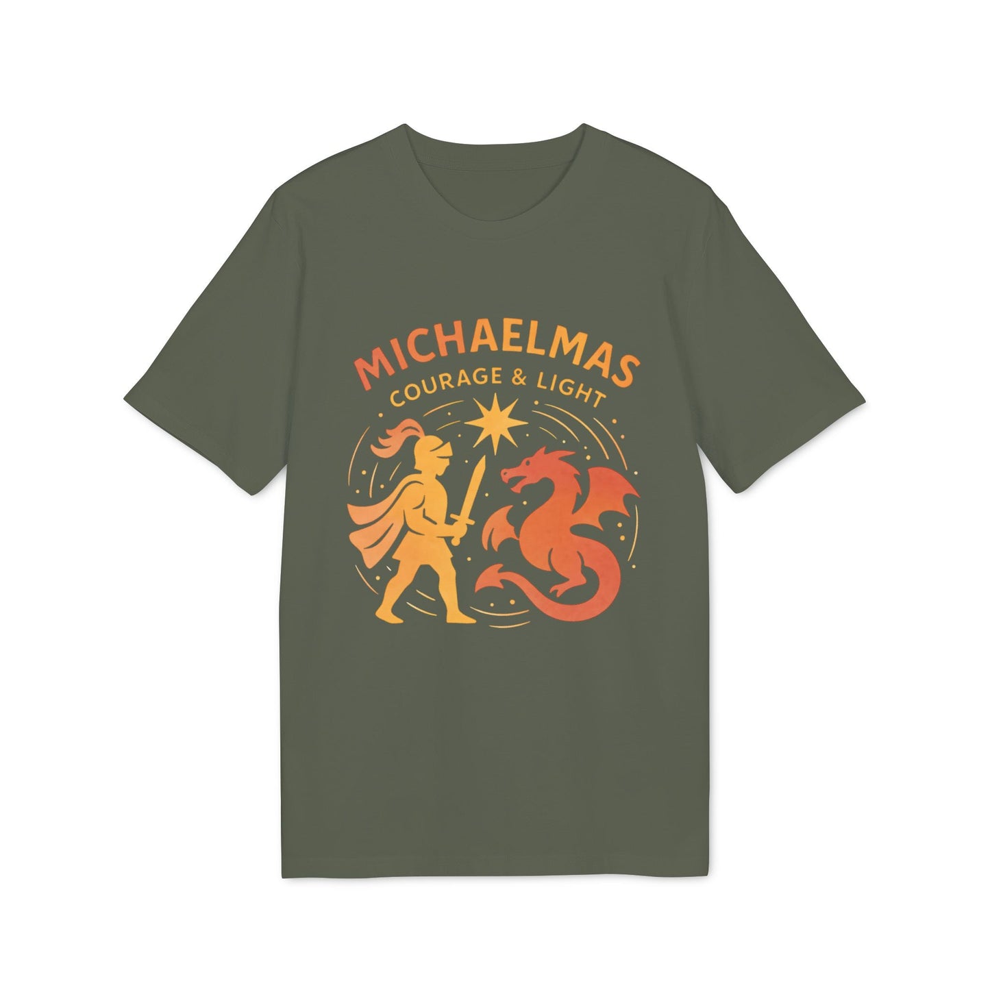 Michaelmas Courage Ans Light 100% Organic Cotton T-Shirt in olive green with “Michaelmas Courage & Light” graphic and dragon design