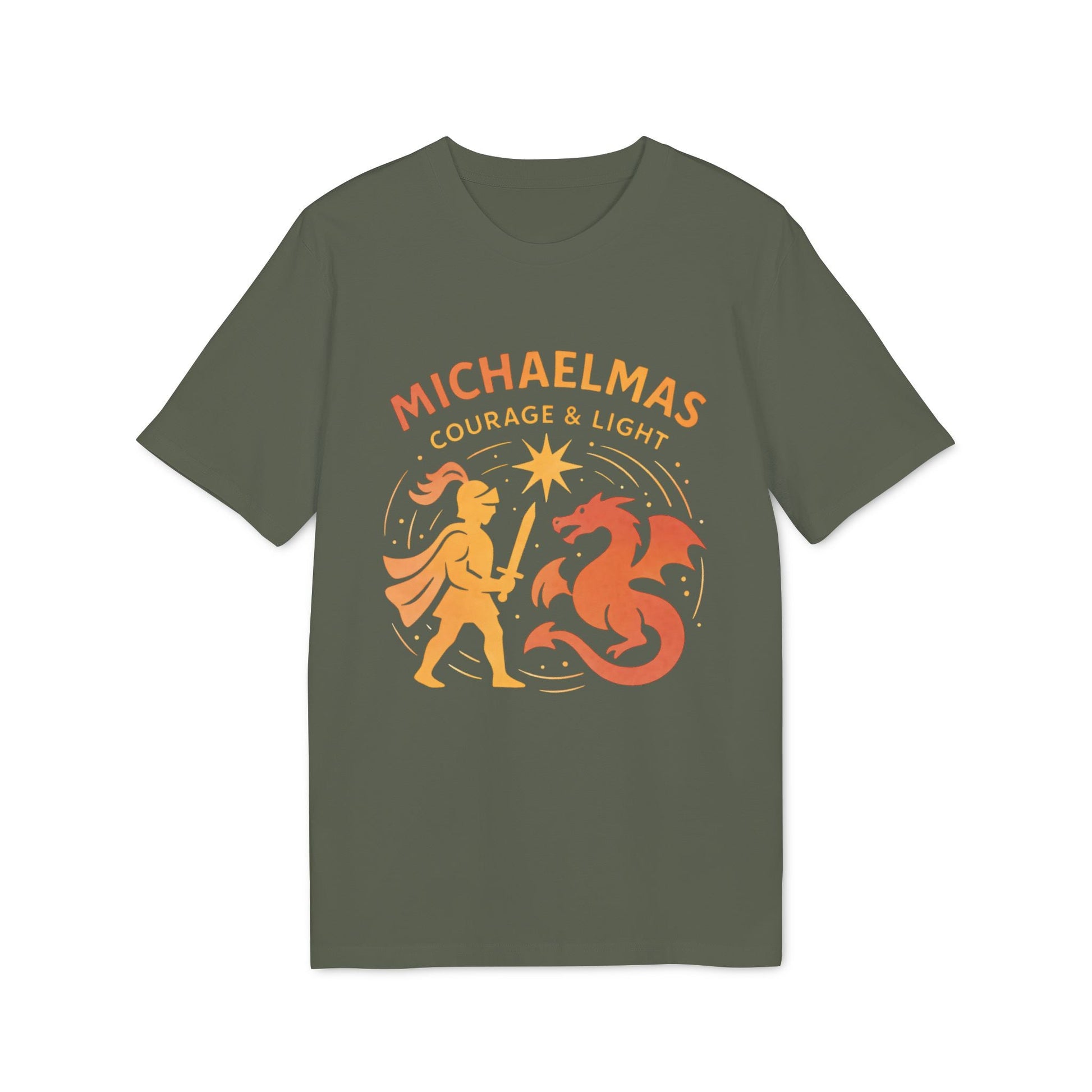 Michaelmas Courage Ans Light 100% Organic Cotton T-Shirt in olive green with “Michaelmas Courage & Light” graphic and dragon design