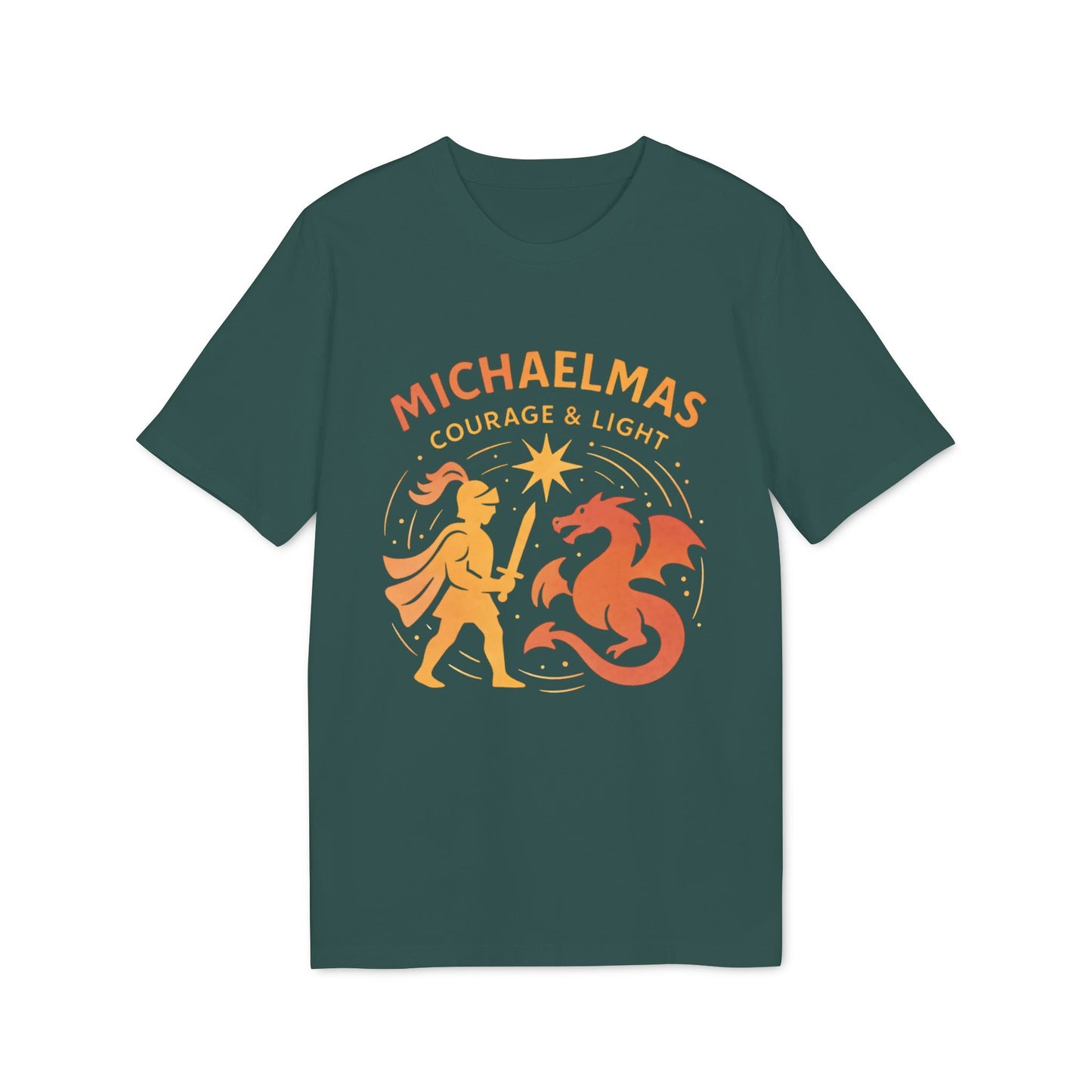 Alt Tag: Michaelmas Courage Ans Light 100% Organic Cotton T-Shirt en verde con ilustración de caballero y dragón, texto “Michaelmas Courage & Light”