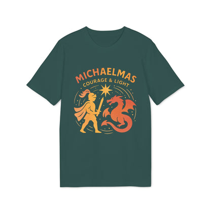 Alt Tag: Michaelmas Courage Ans Light 100% Organic Cotton T-Shirt en verde con ilustración de caballero y dragón, texto “Michaelmas Courage & Light”