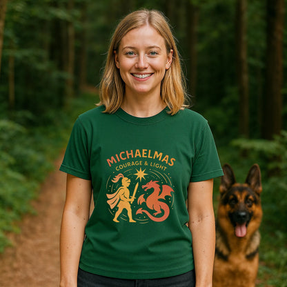 Michaelmas Courage Ans Light 100% Organic Cotton T-Shirt green graphic tee worn by woman outdoors on forest trail