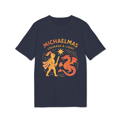 Alt Tag: Michaelmas Courage Ans Light 100% Organic Cotton T-Shirt navy tee with Michaelmas Courage & Light graphic angel and dragon