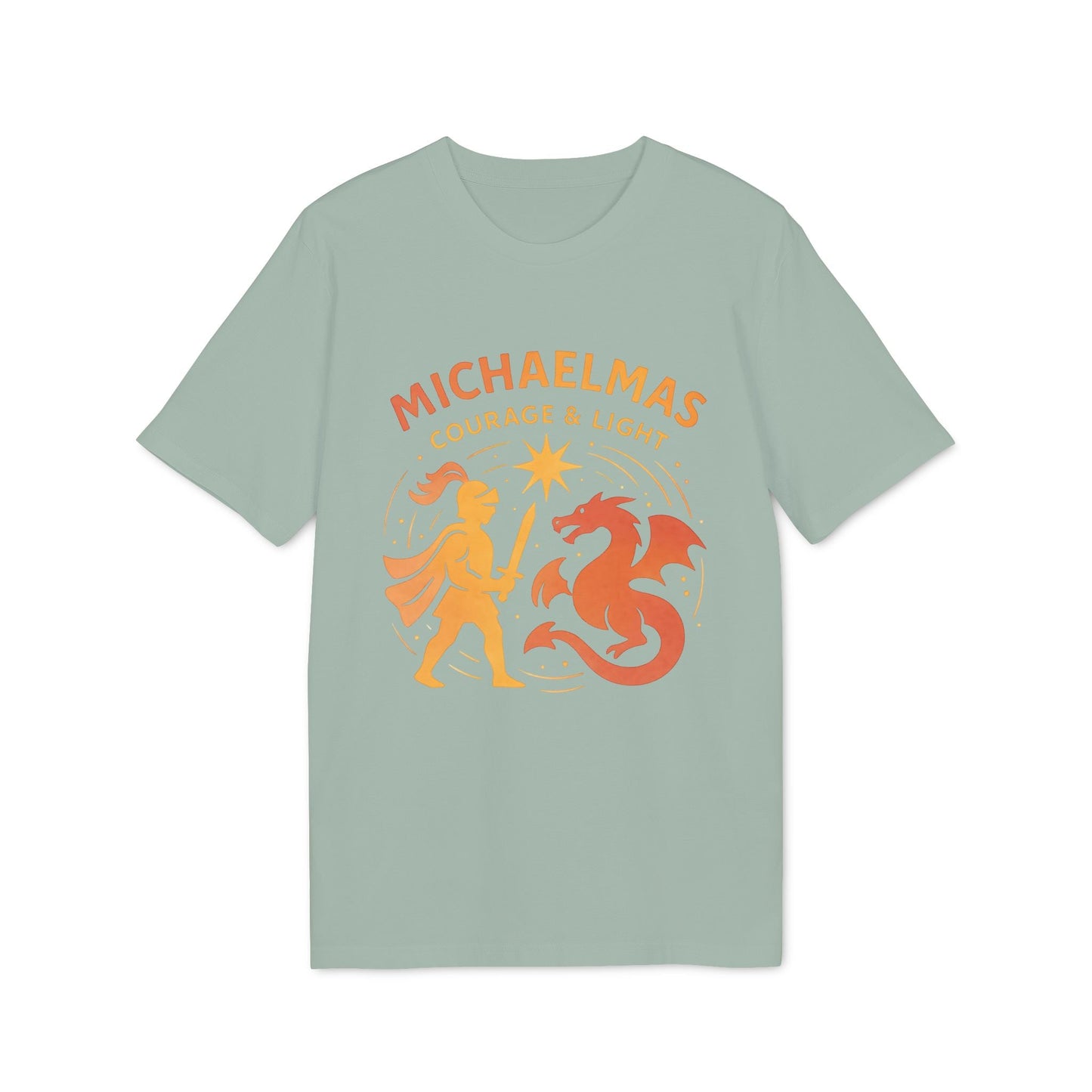 Alt Tag: Michaelmas Courage Ans Light 100% Organic Cotton T-Shirt with Michaelmas Courage & Light graphic on sage green tee