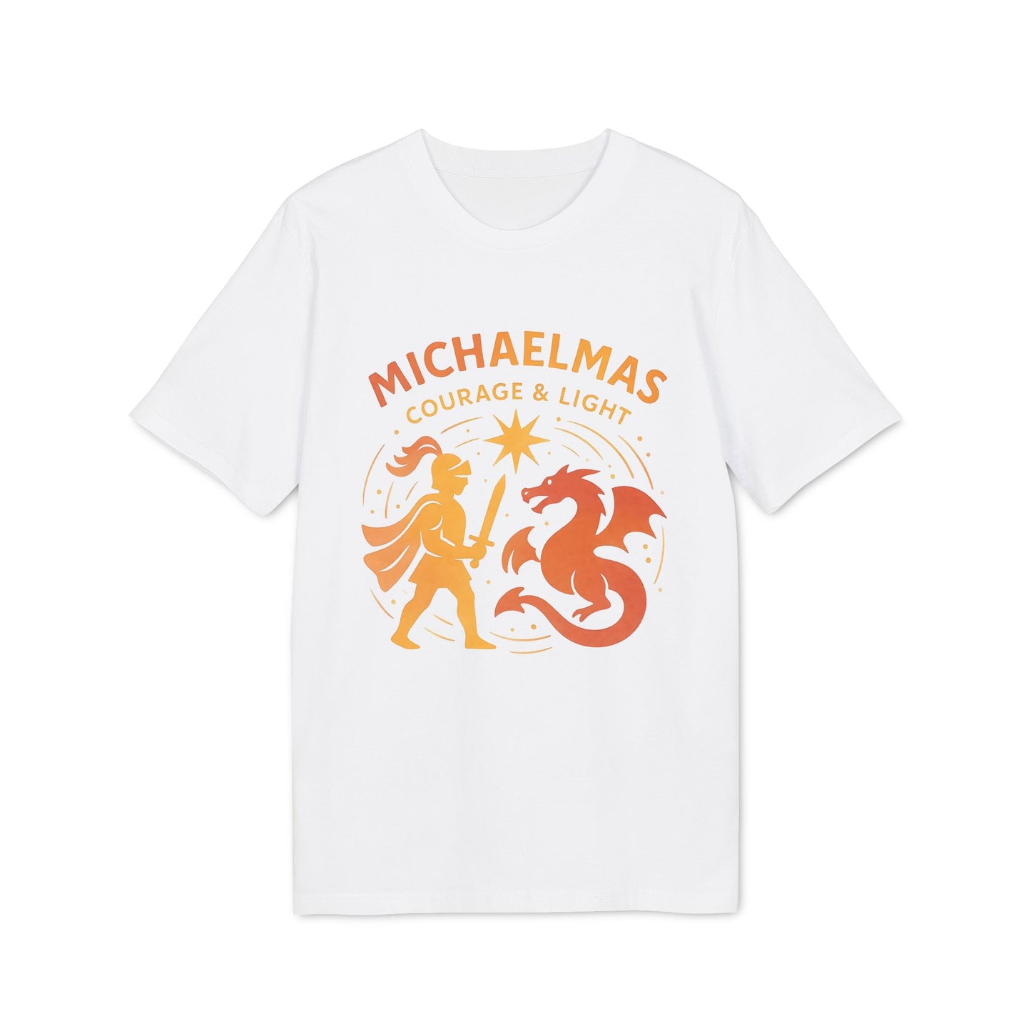 Michaelmas Courage Ans Light 100% Organic Cotton T-Shirt blanco con gráfico "Michaelmas Courage & Light" en naranja, diseño de figura y dragón