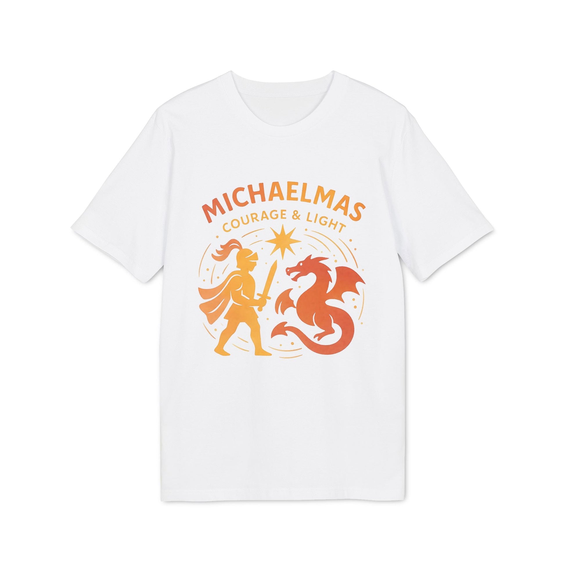 Michaelmas Courage Ans Light 100% Organic Cotton T-Shirt blanco con gráfico "Michaelmas Courage & Light" en naranja, diseño de figura y dragón