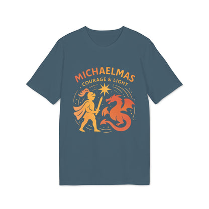 Alt Tag: Michaelmas Courage Ans Light 100% Organic Cotton T-Shirt in azul con gráfico “Michaelmas Courage & Light” y diseño de espada y dragón