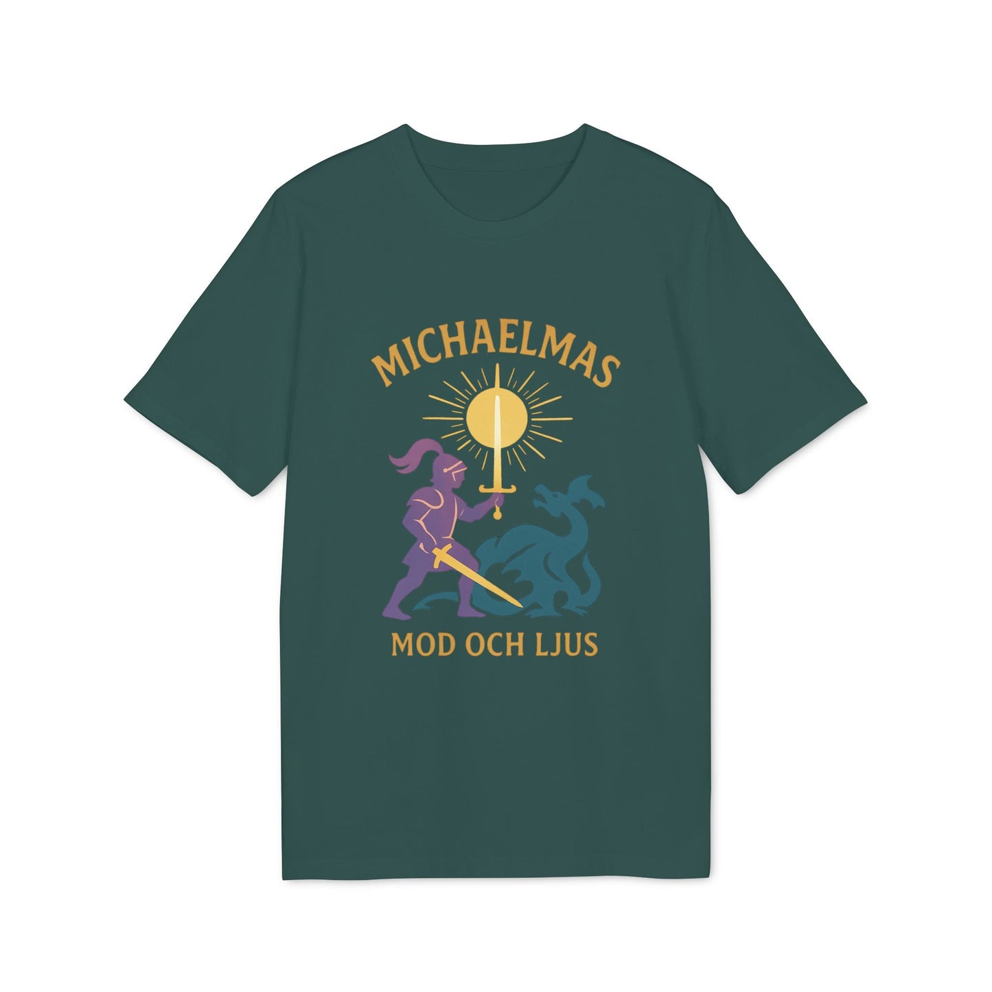 Michaelmas Mod Ljus 100% Organic Cotton T-Shirt in dark green with Michaelmas graphic print featuring candle, sun rays, and figures