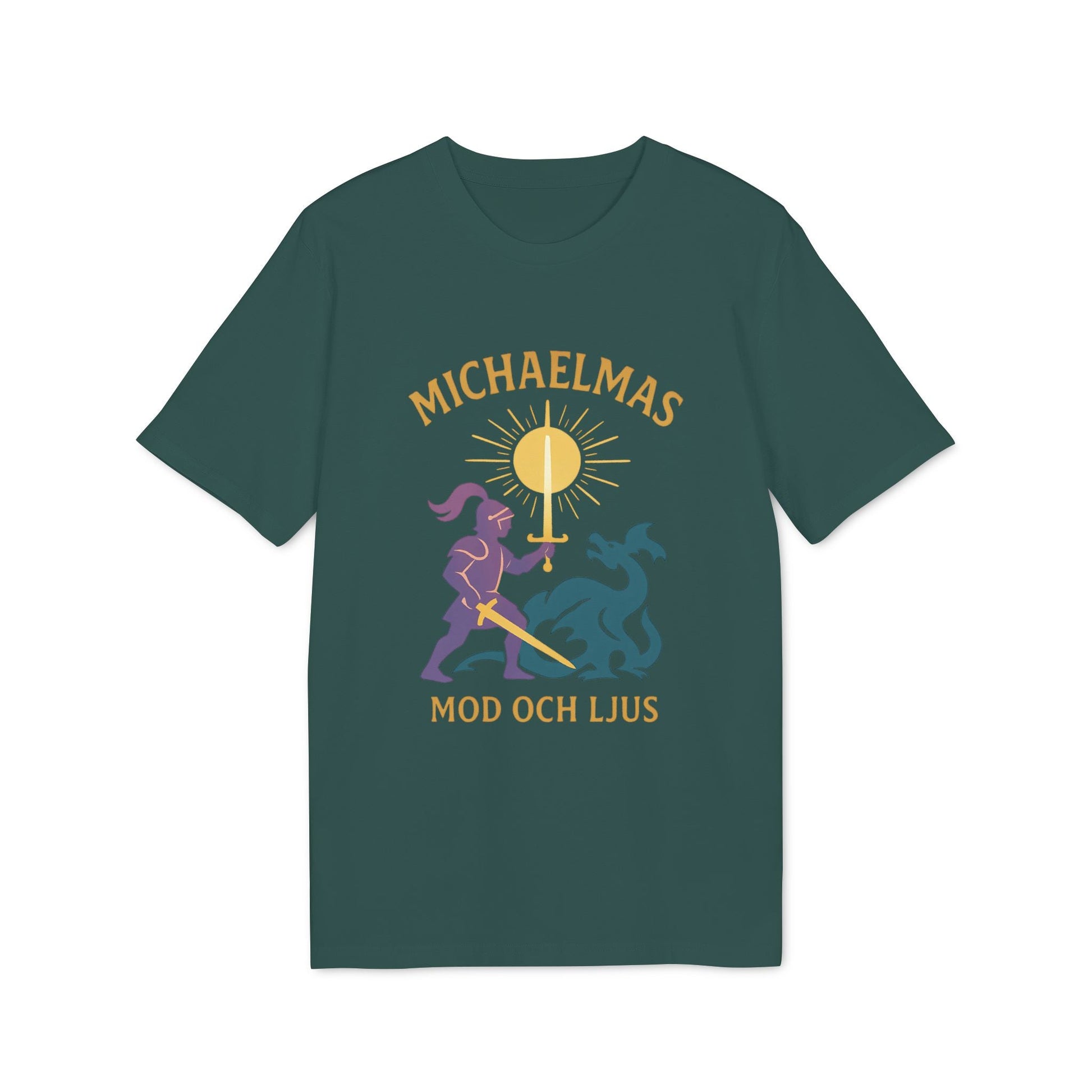 Michaelmas Mod Ljus 100% Organic Cotton T-Shirt in dark green with Michaelmas graphic print featuring candle, sun rays, and figures