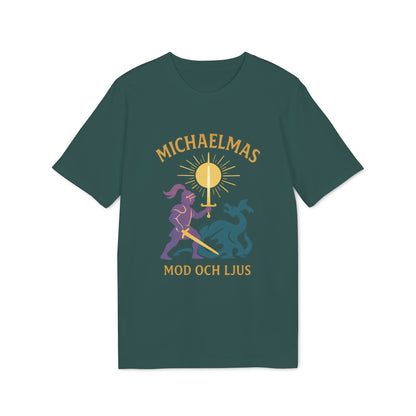 Michaelmas Mod Ljus 100% Organic Cotton T-Shirt in dark green with Michaelmas graphic print featuring candle, sun rays, and figures