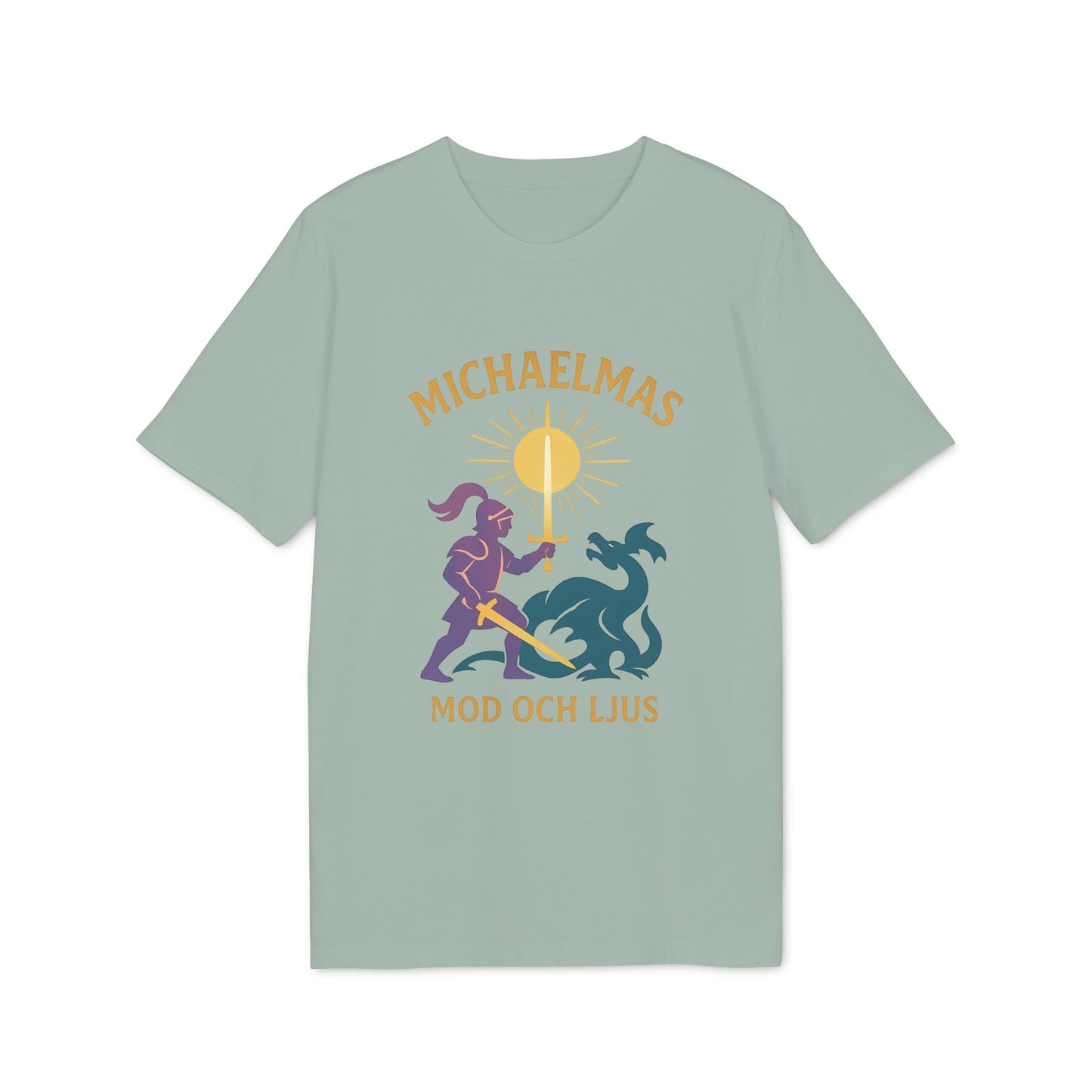Michaelmas Mod Ljus 100% Organic Cotton T-Shirt in sage green with knight and dragon graphic and "MICHAELMAS MOD OCH LJUS" text