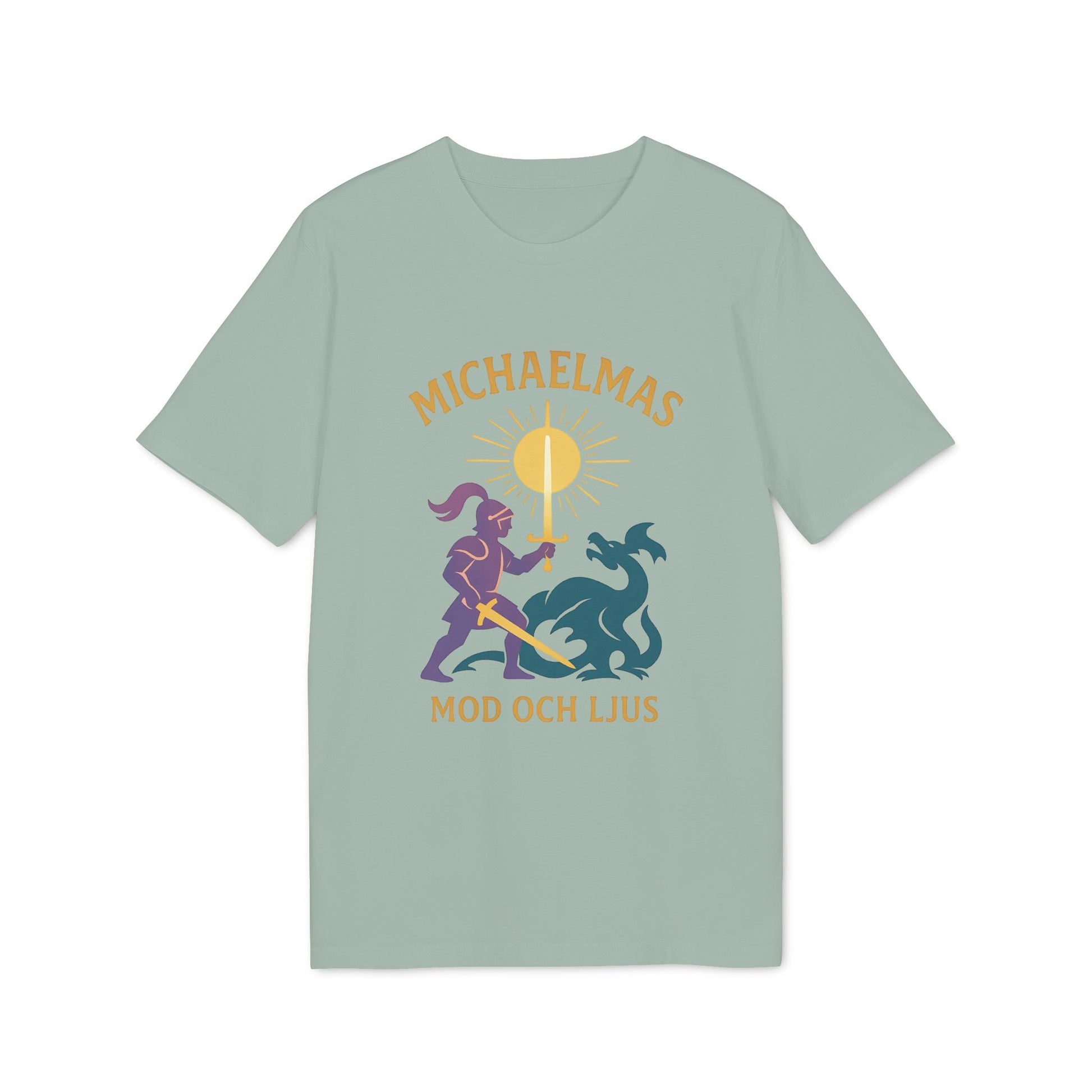 Michaelmas Mod Ljus 100% Organic Cotton T-Shirt in sage green with knight and dragon graphic and "MICHAELMAS MOD OCH LJUS" text