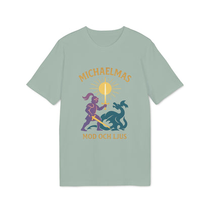 Michaelmas Mod Ljus 100% Organic Cotton T-Shirt in sage green with knight and dragon graphic and "MICHAELMAS MOD OCH LJUS" text