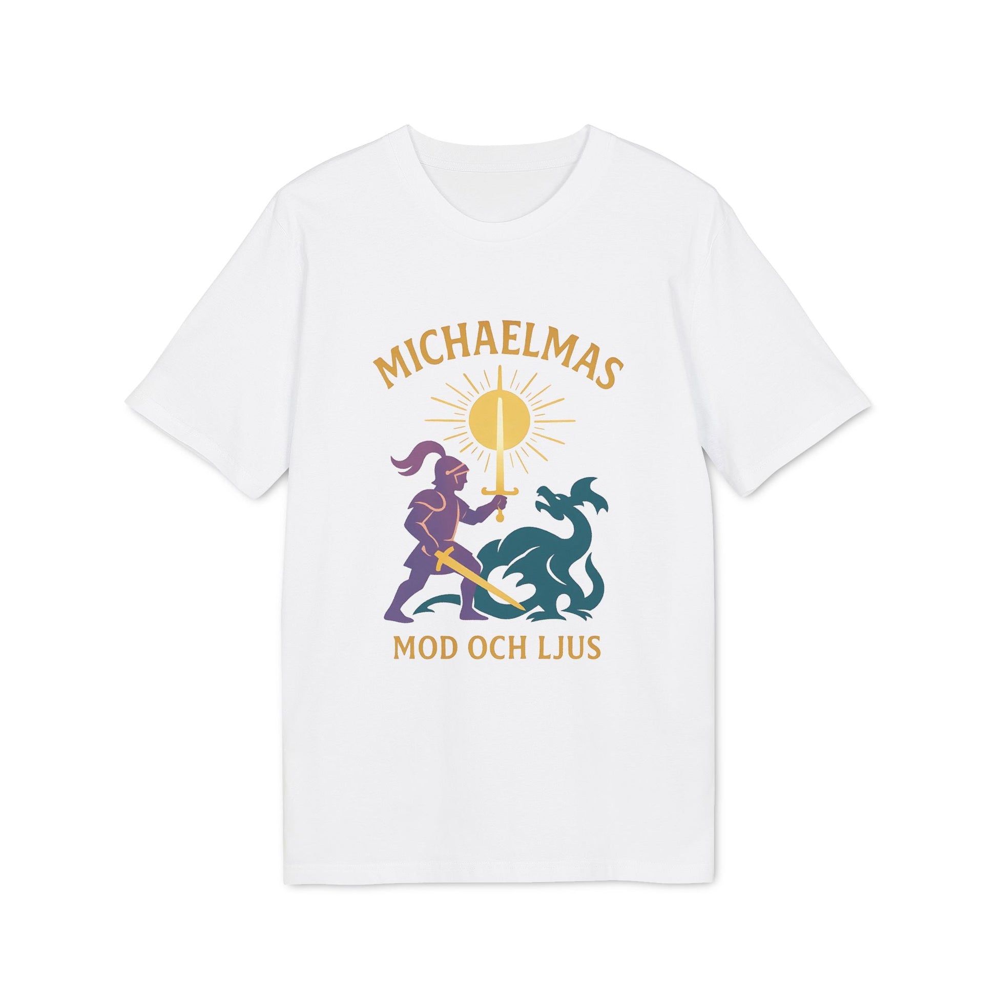 Alt Tag: Michaelmas Mod Ljus 100% Organic Cotton T-Shirt white graphic tee with knight and dragon illustration and sunburst print