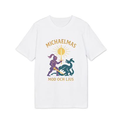 Alt Tag: Michaelmas Mod Ljus 100% Organic Cotton T-Shirt white graphic tee with knight and dragon illustration and sunburst print