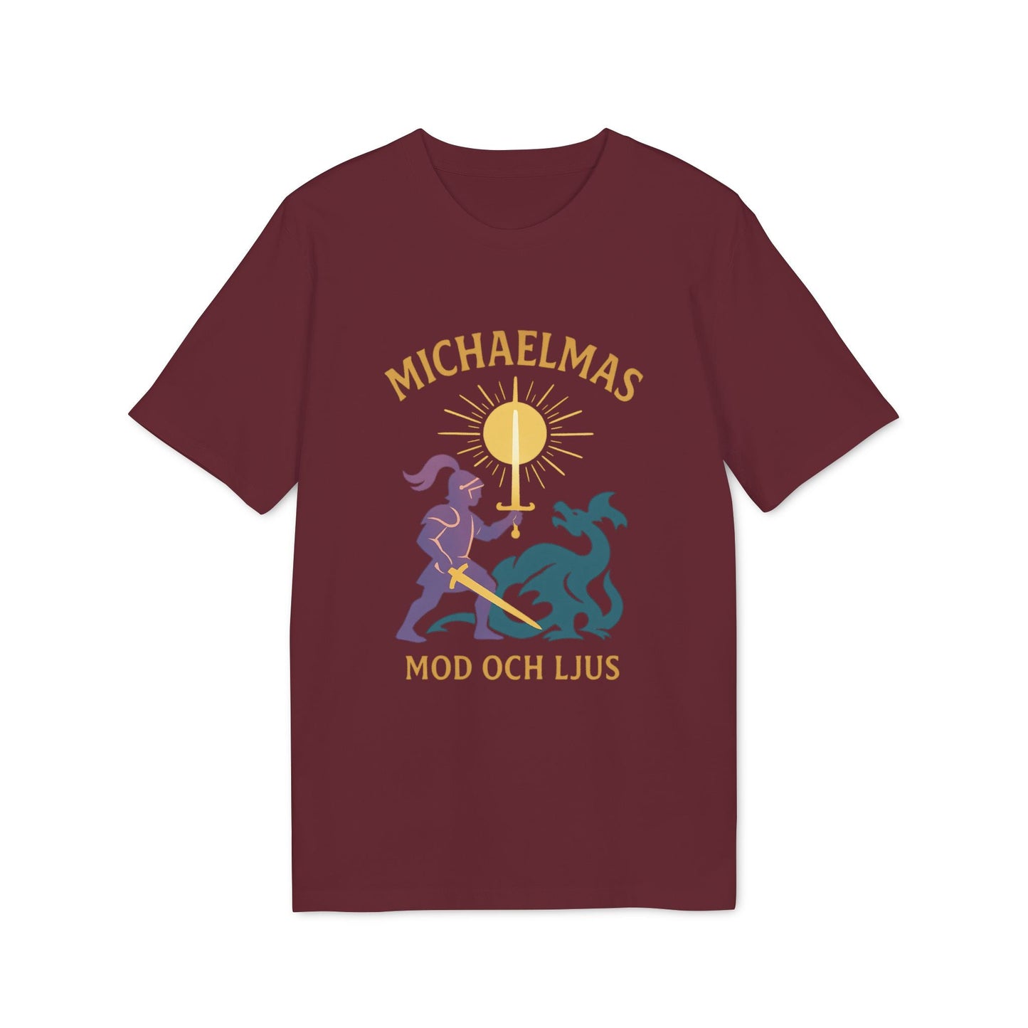Michaelmas Mod Ljus 100% Organic Cotton T-Shirt maroon graphic tee with knight and dragon illustration and “MICHAELMAS MOD OCH LJUS” text