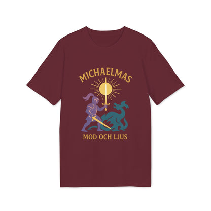 Michaelmas Mod Ljus 100% Organic Cotton T-Shirt maroon graphic tee with knight and dragon illustration and “MICHAELMAS MOD OCH LJUS” text