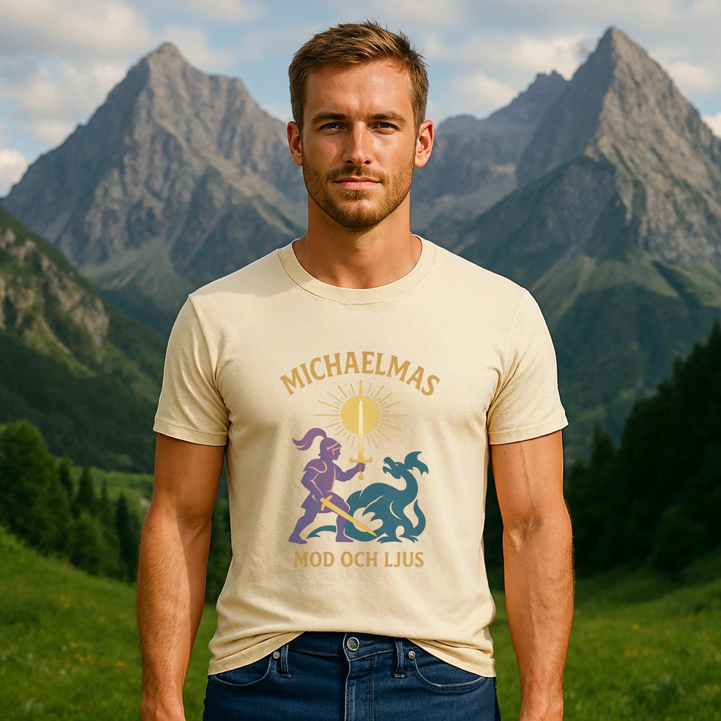 Michaelmas Mod Ljus 100% Organic Cotton T-Shirt worn by male model, cream graphic tee with Michaelmas print, outdoors with mountains