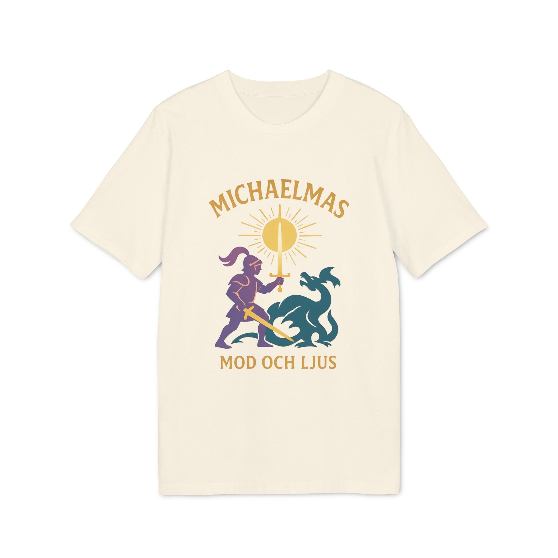 Alt Tag: Michaelmas Mod Ljus 100% Organic Cotton T-Shirt, cream tee with “MICHAELMAS MOD OCH LJUS” graphic, knight, dragon and sun