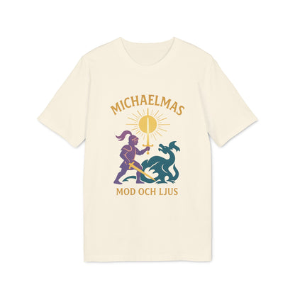 Alt Tag: Michaelmas Mod Ljus 100% Organic Cotton T-Shirt, cream tee with “MICHAELMAS MOD OCH LJUS” graphic, knight, dragon and sun