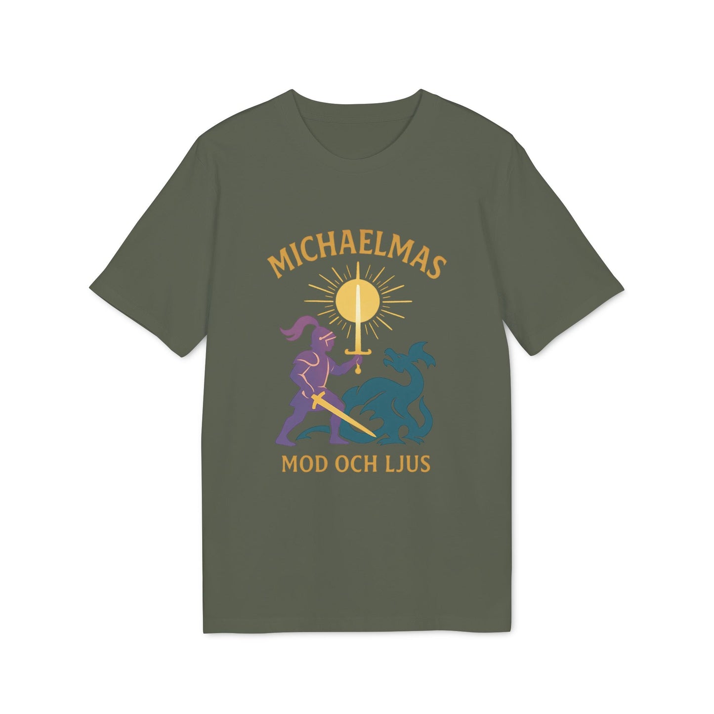Alt Tag: Michaelmas Mod Ljus 100% Organic Cotton T-Shirt in olive green with "MICHAELMAS" graphic and MOD OCH LJUS text