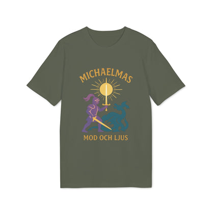 Alt Tag: Michaelmas Mod Ljus 100% Organic Cotton T-Shirt in olive green with "MICHAELMAS" graphic and MOD OCH LJUS text