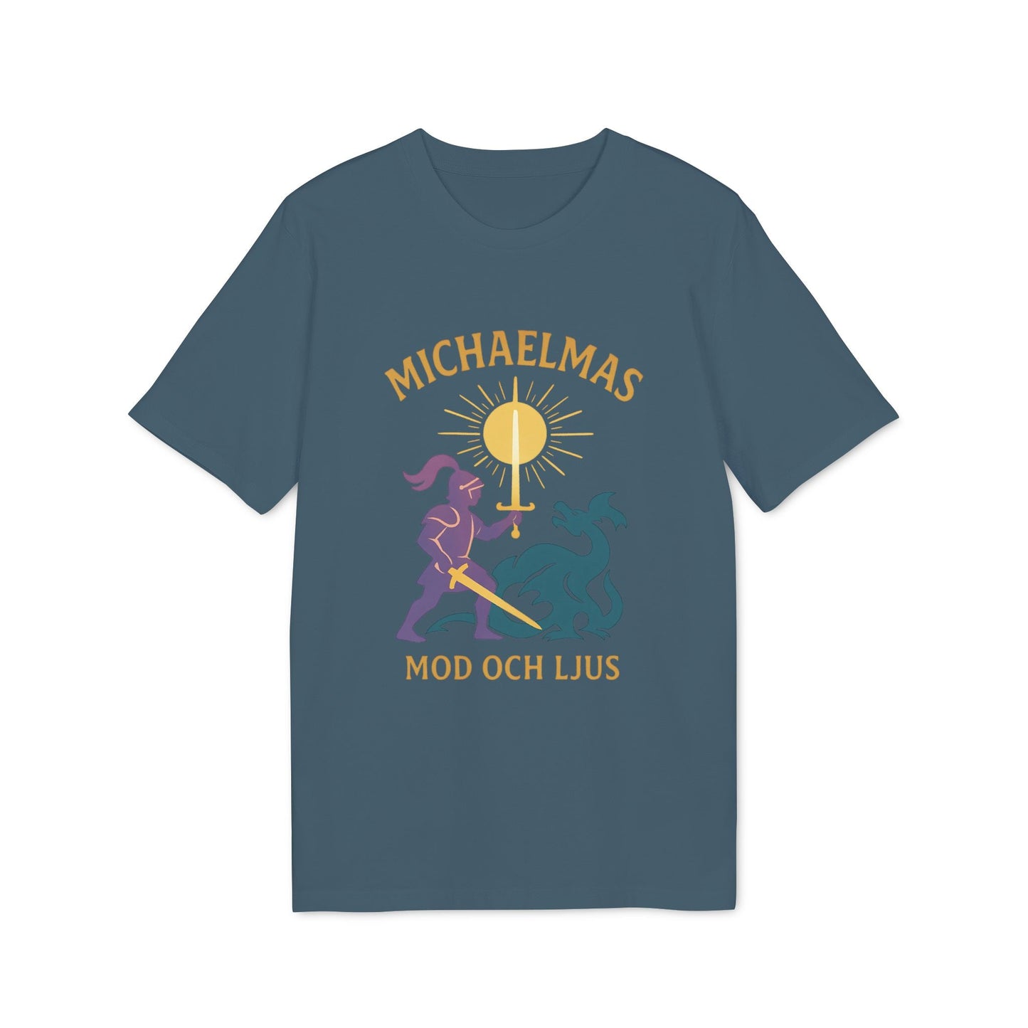 Michaelmas Mod Ljus 100% Organic Cotton T-Shirt in blue with “MICHAELMAS MOD OCH LJUS” graphic and illustrated figures