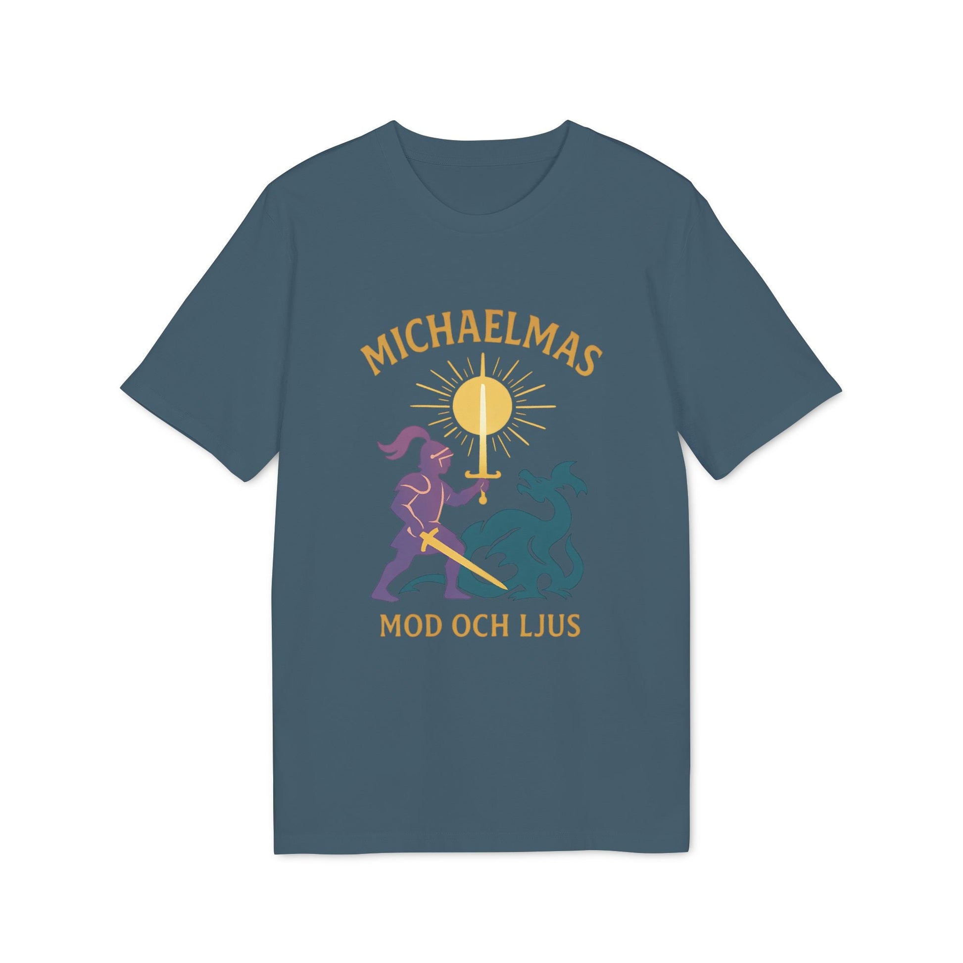 Michaelmas Mod Ljus 100% Organic Cotton T-Shirt in blue with “MICHAELMAS MOD OCH LJUS” graphic and illustrated figures